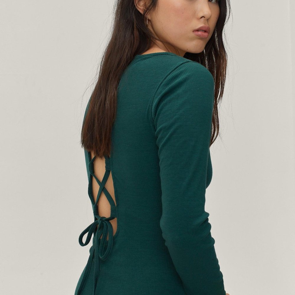 Ribbed Square Neck Lace Up Mini Dress in Dark Green